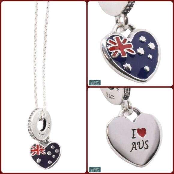 NEW Pandora Australia Heart Charm Necklace Set Sterling Silver AUS Flag Travel